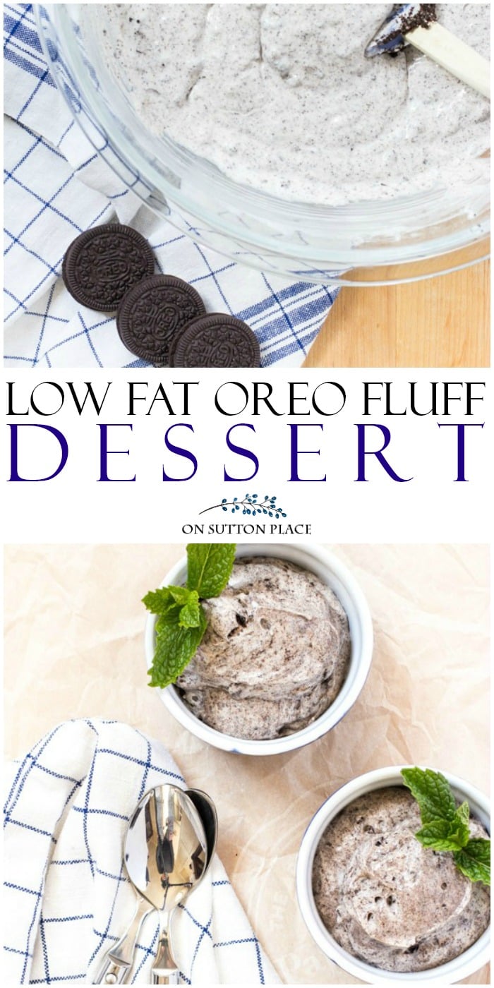 Just four ingredients is all you need to make this low fat Oreo fluff dessert recipe. This easy make-ahead dessert is kid-friendly and delicious. #puddingdessert #instantpudding #oreocookie #oreocookiedessert #lowfatdessert #lowfat