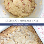 delicious rhubarb cake recipe collage pin with text