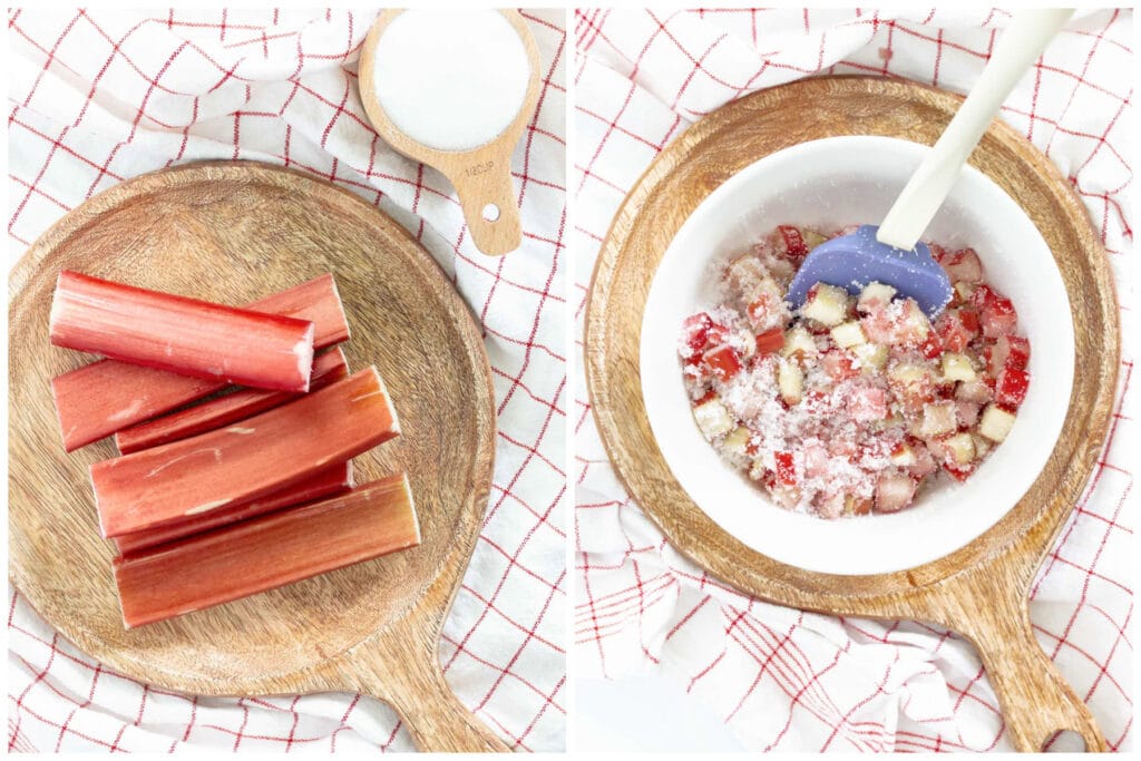 rhubarb cake collage stalks and diced with sugar