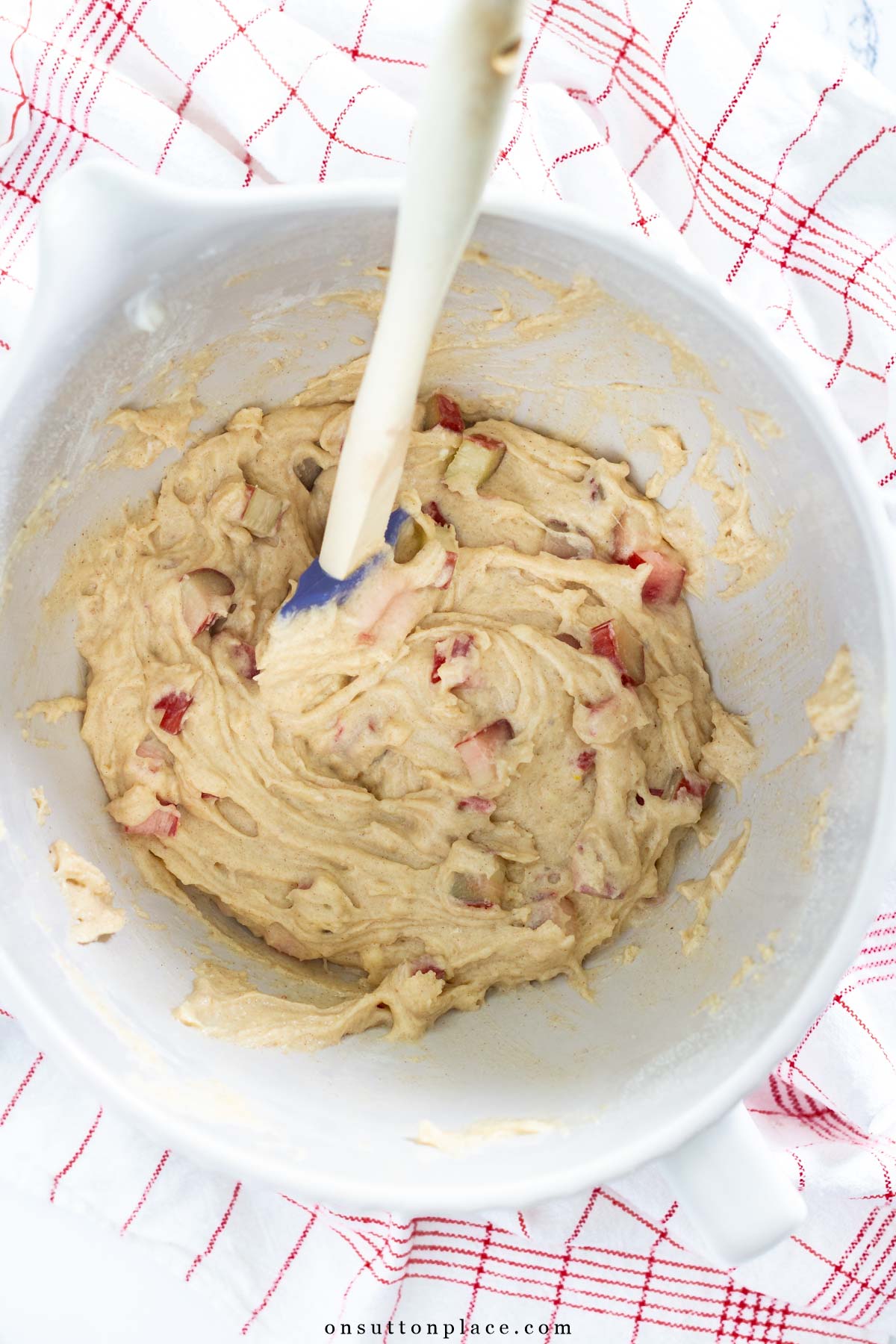 rhubarb cake recipe batter in bowl