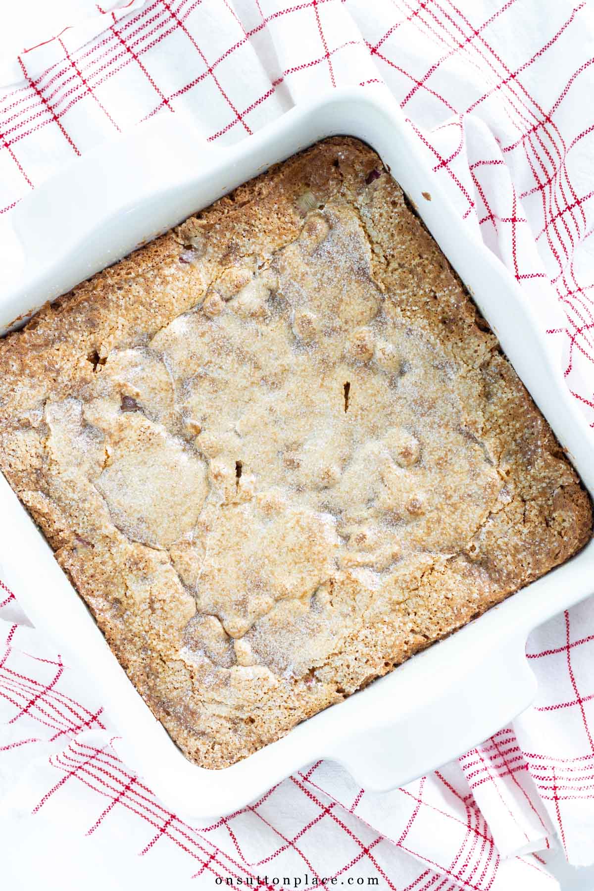 rhubarb cake recipe in 8x8 baking dish