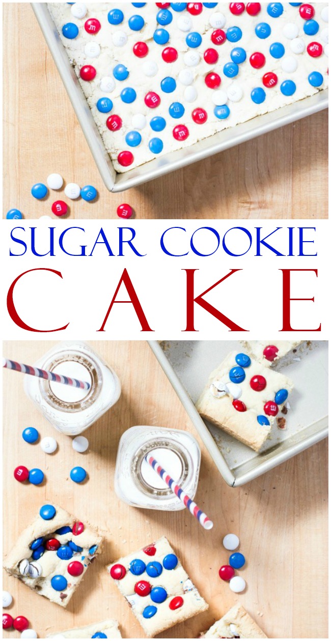 Make this M & M Sugar Cookie Cake Recipe for any seasonal family gathering. Just change the color of the M & M's to fit the holiday! #cookie #cake #sugarcookies #patriotic #dessert #dessertrecipes