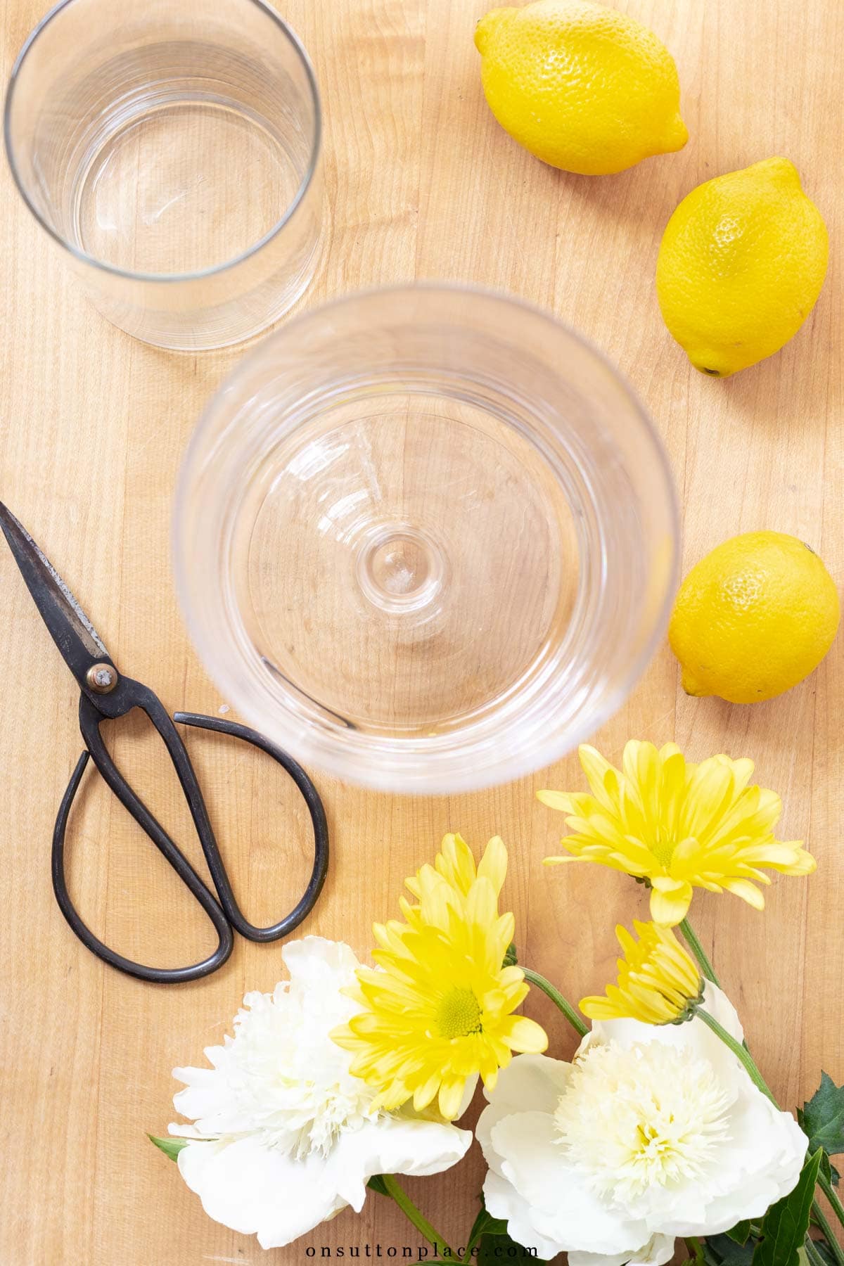 supplies needed for lemon flower arrangment in clear vases
