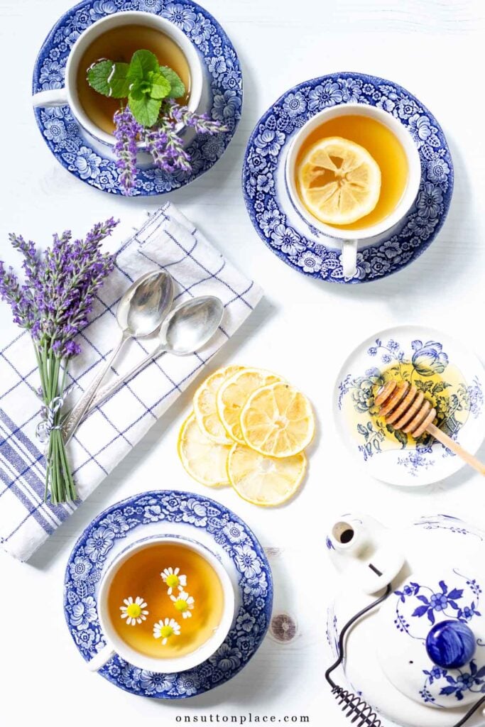 cups of herbal tea lavender mint chamomile