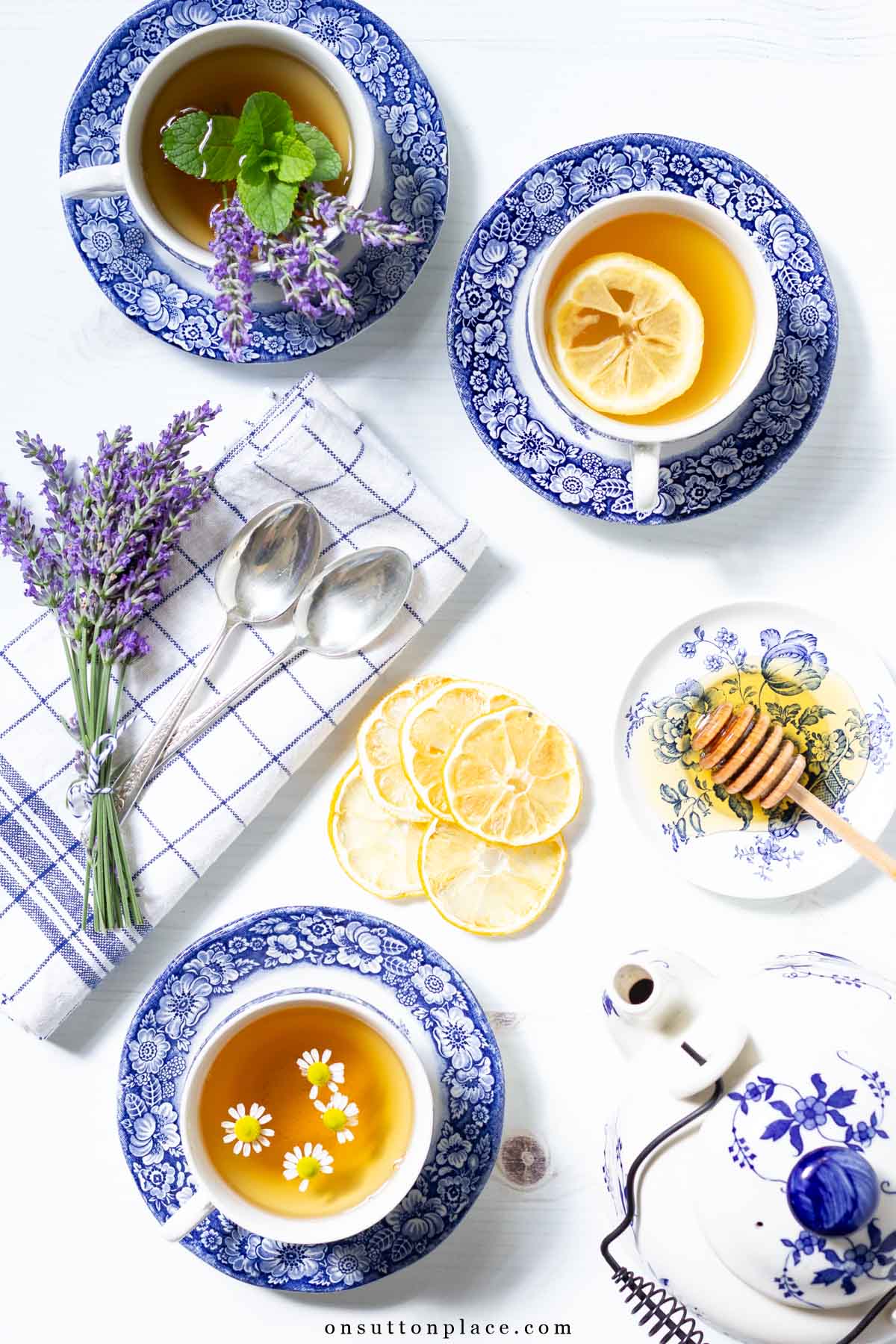 cups of herbal tea lavender mint chamomile