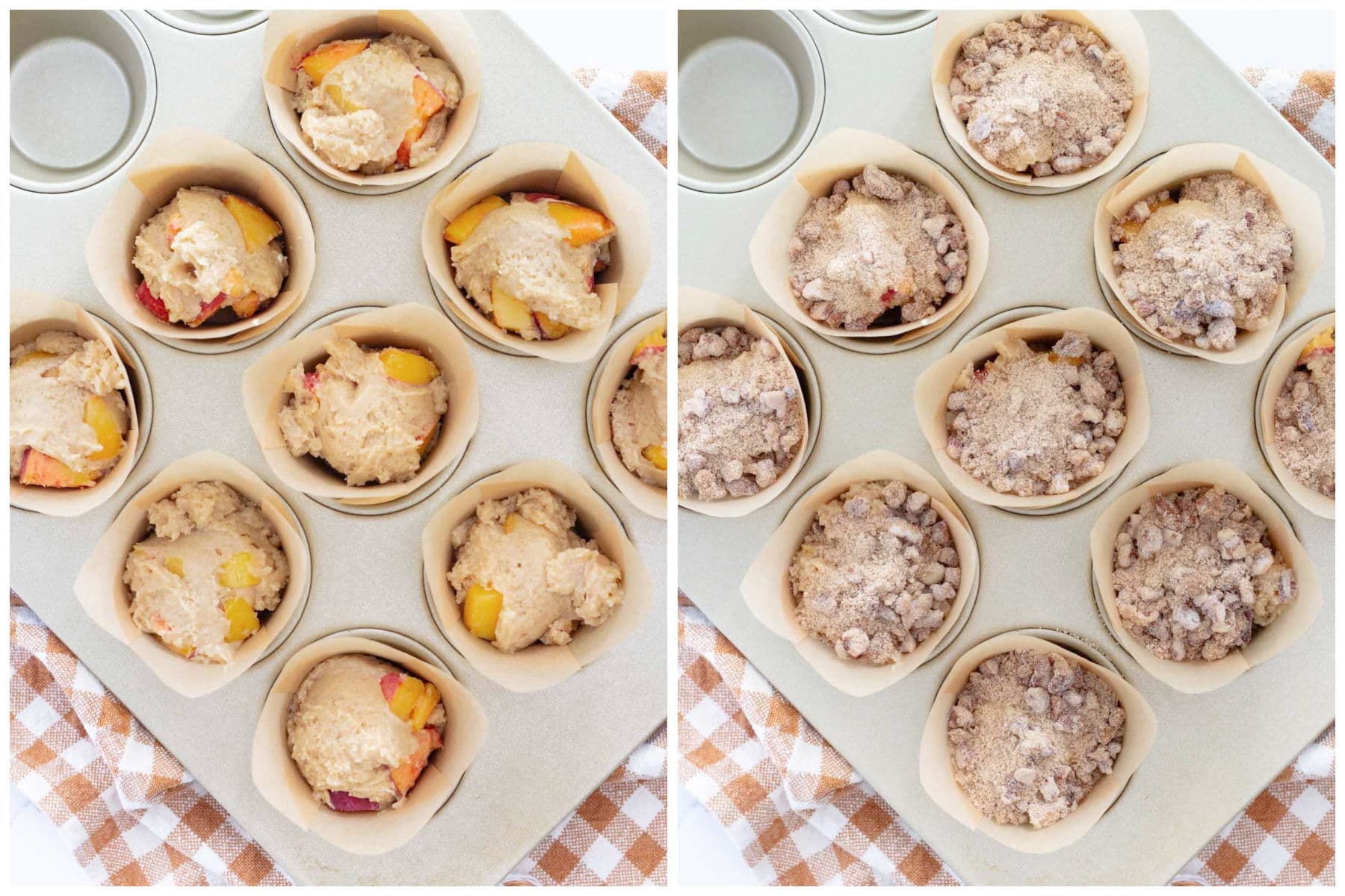 peach muffins recipe batter in muffin pan collage
