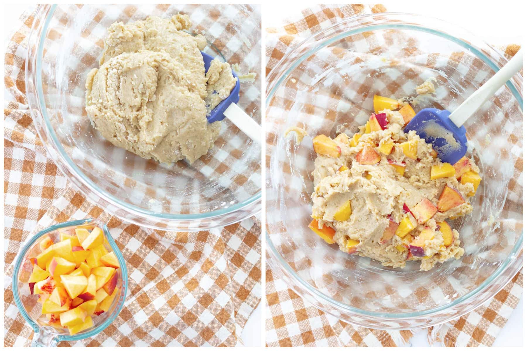 peach muffins recipe batter with peaches collage