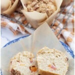 peach muffins recipe pin with text