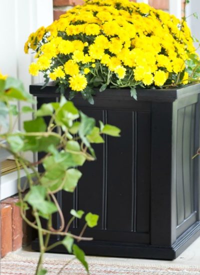Easy front porch ideas for fall: inspiration for budget-friendly fall planters with mums and other autumn decor, including pumpkins, gourds and more.