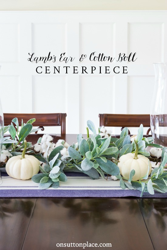 This lambs ear garland centerpiece idea is perfect for your fall table decor. Fluffy lambs ear & cotton bolls add texture and interest to any autumn table! #fall #autumn #lambsear #centerpiece #falldecor #falldecorideas #diningroomdecor