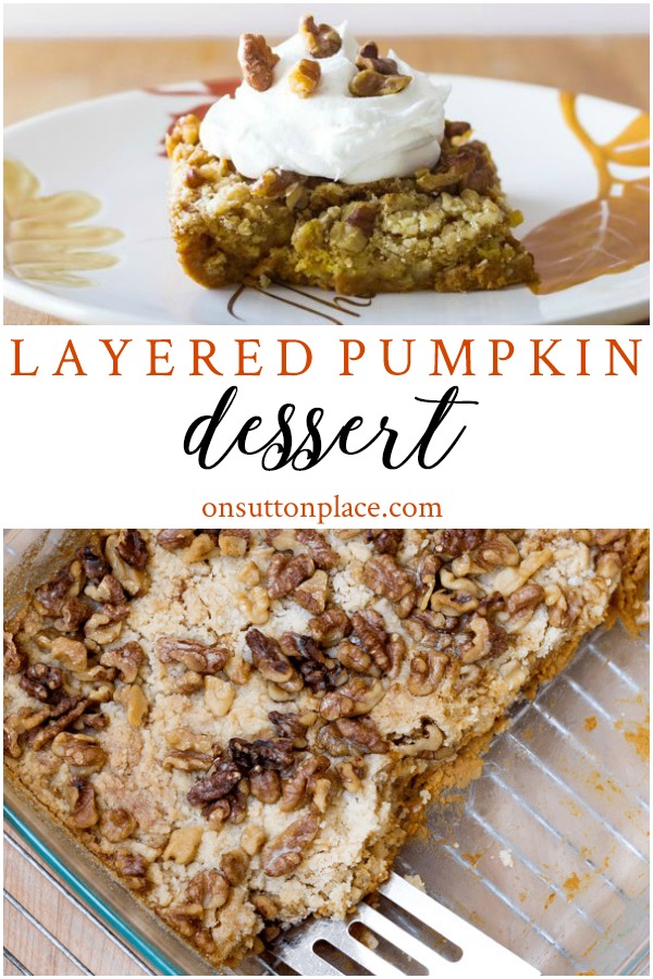 Layered Pumpkin Dessert with Yellow Cake Mix: Six ingredients and just a few minutes turns out this perfect Thanksgiving dessert idea! #pumpkin #pumpkindessert #layeredpumpkindessert #thanksgiving #thanksgivingdessertidea #cakemixrecipe