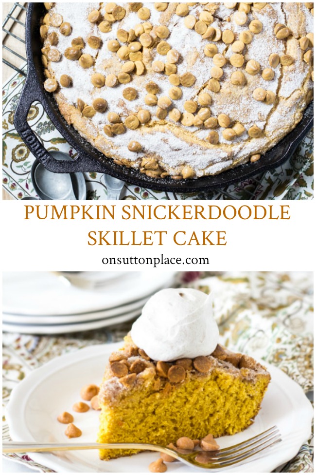 The perfect fall dessert! Impress your family and friends with this Pumpkin Snickerdoodle Skillet Cake and easy Brown Sugar Whipped Topping. #recipe #dessert #dessertrecipe #pumpkin #pumpkinrecipe #fall #autumn #castironskillet #coolwhip #saltedcaramel