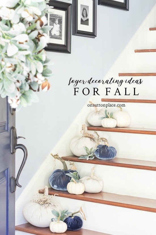 Fall foyer decorating ideas using both velvet pumpkins and real pumpkins. Includes tips for arranging and how to add interest & texture. #fall #falldecor #falldecorideas #autumn #pumpkins #whitepumpkins #foyerdecor #foyer