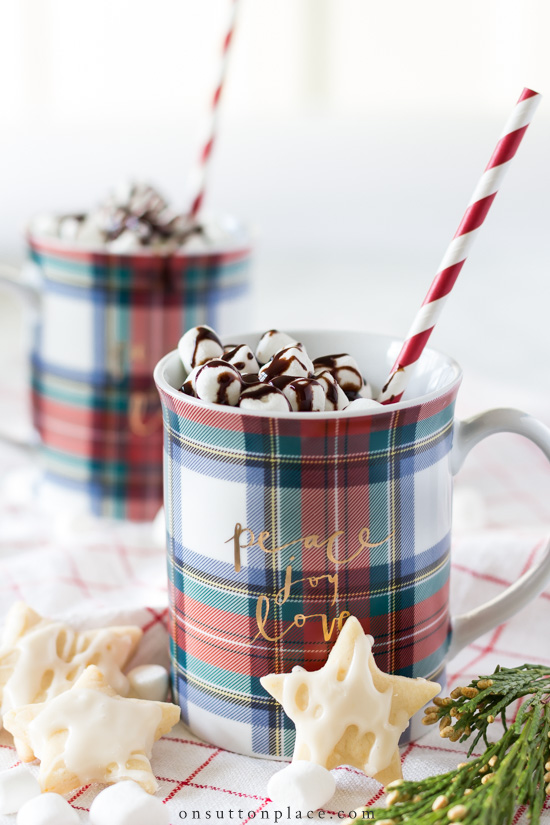 best hot chocolate recipe in mugs with red striped straws