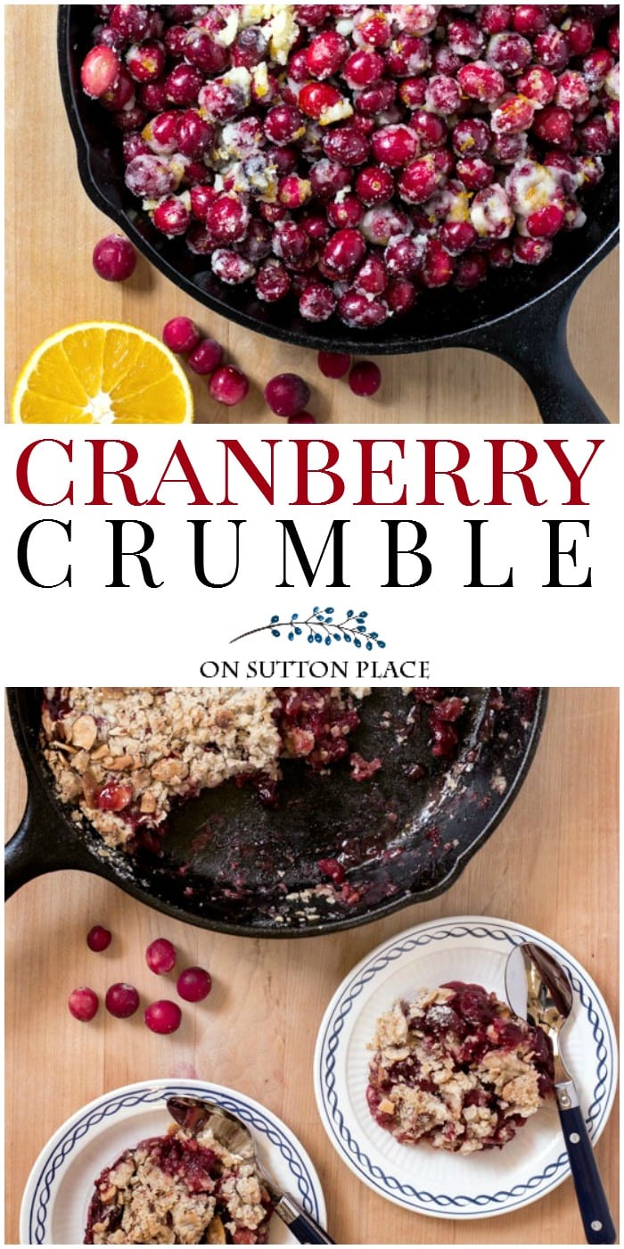 Cast Iron Skillet Cranberry Crumble Recipe | Easy and festive dessert idea for holiday gatherings. Uses fresh cranberries. #cranberries #cranberrydessert #christmasdessert