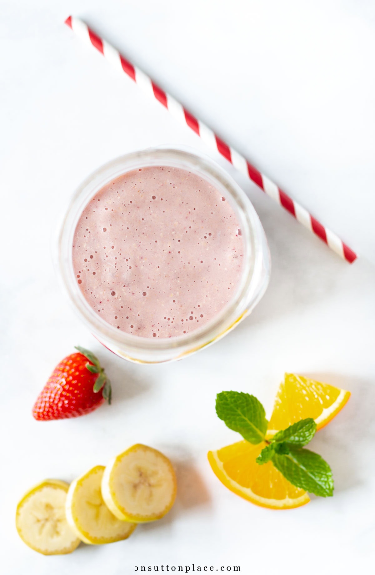 strawberry banana smoothie recipe with red white straw