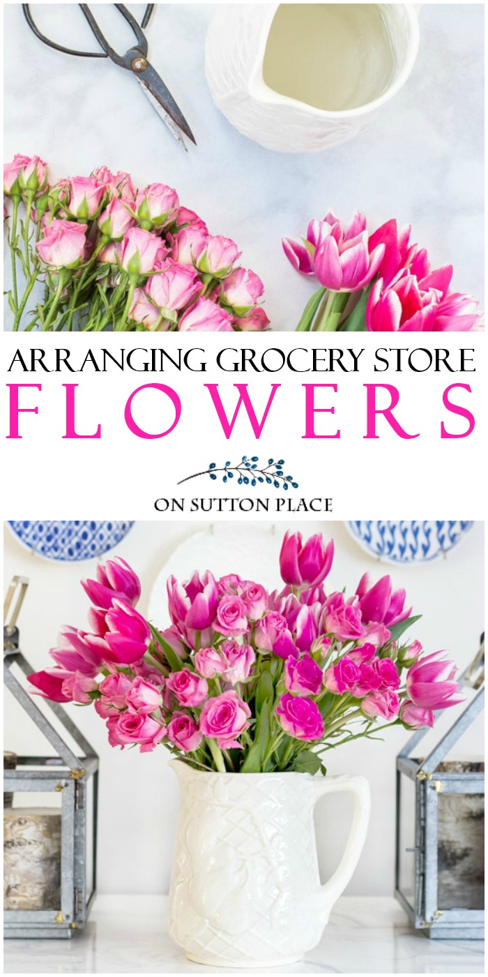 Tips & Tricks for arranging grocery store flowers. How to make a basic bouquet of grocery store flowers look great. Easy container ideas and a video! #flowerarranging #grocerystoreflowers #flowers #flowerbouquet
