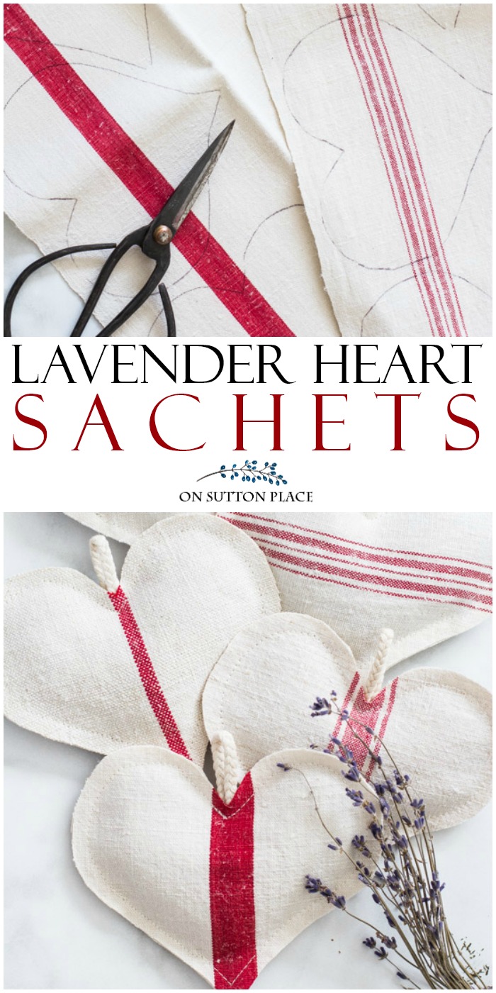 DIY Grain Sack Lavender Heart Sachets | Easy directions for making these sweet sachets. Perfect for Valentine's Day or Sweetest Day. Easy Valentine's Day decor. #lavender #lavendersachet #grainsack #grainsacksachet