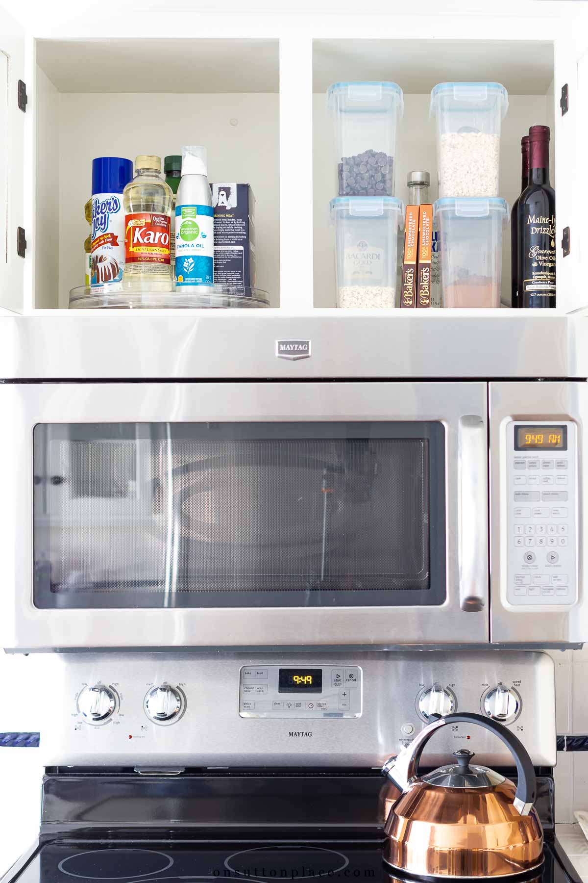 kitchen cabinet organization ideas baking items above microwave