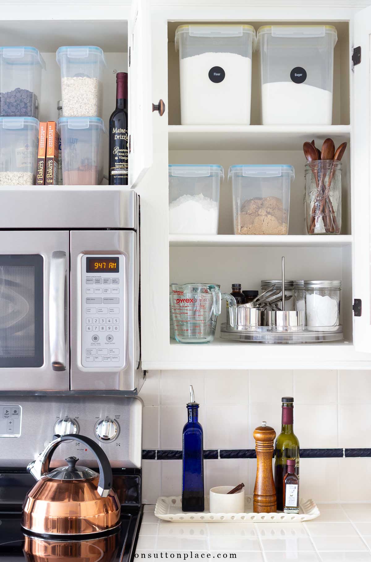 kitchen cabinet organization ideas over microwave baking supplies lazy susan