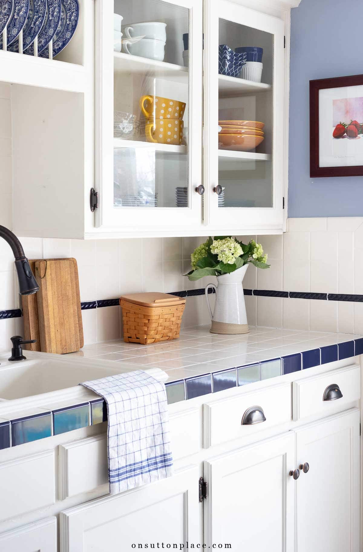 sutton place kitchen sherwin williams windy blue walls tile counters