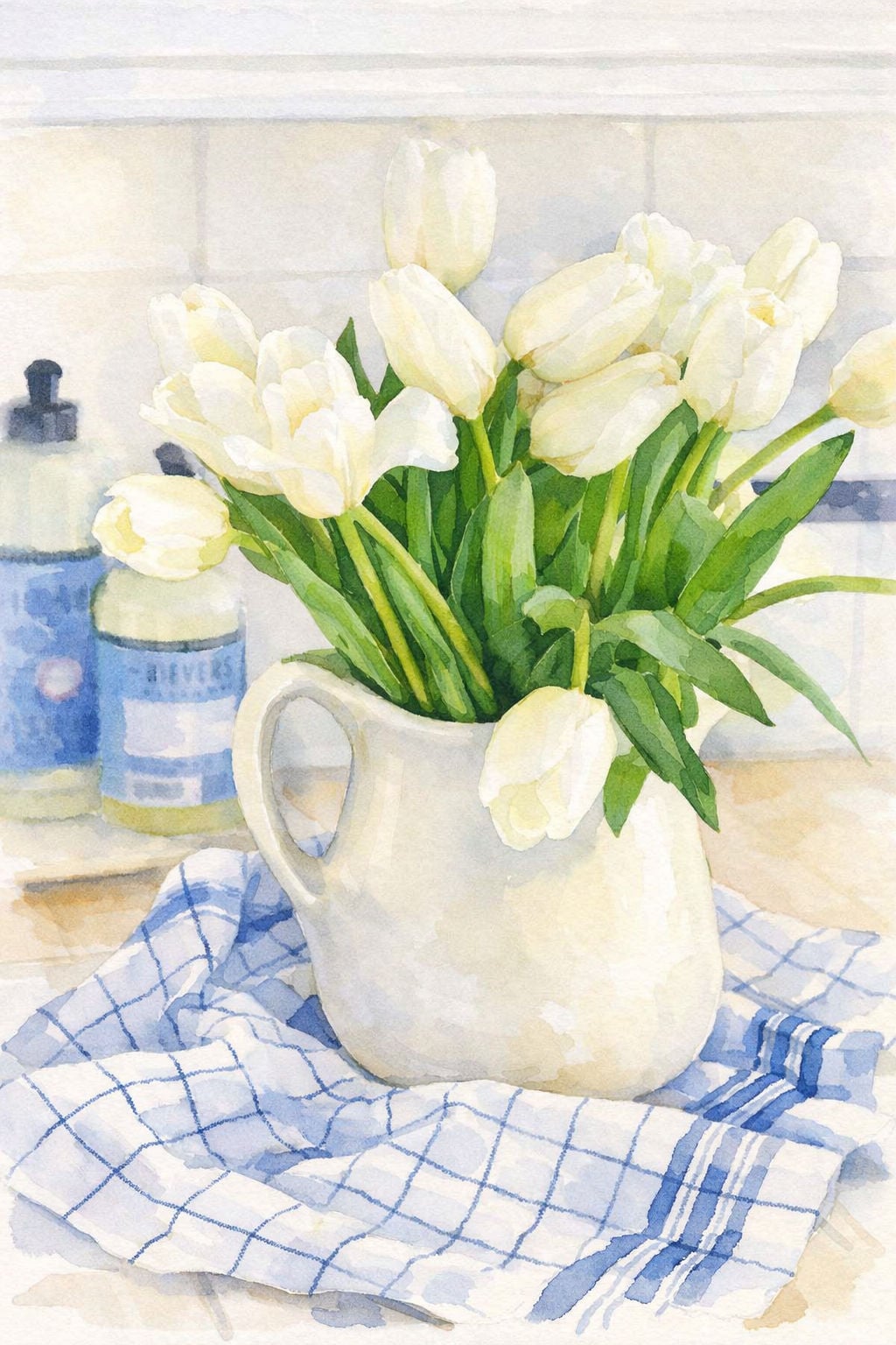 tulips in white pitcher watercolor