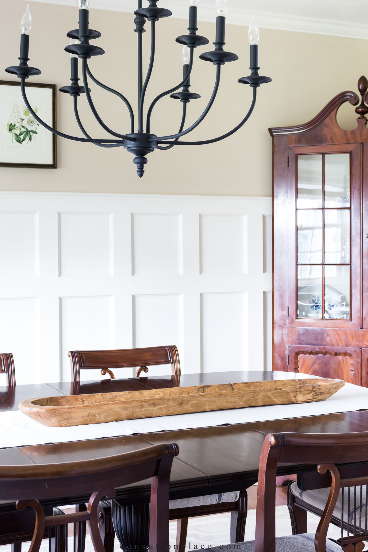 long dough bowl on dining room table easter centerpiece 2024