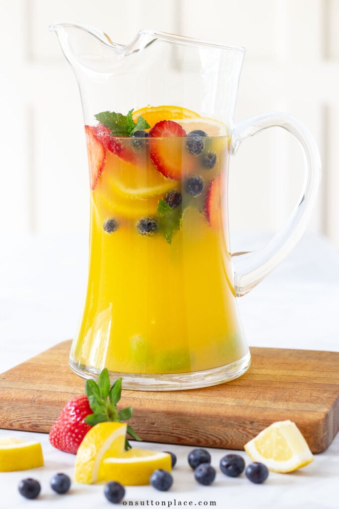 non alcoholic white sangria recipe in clear pitcher