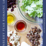 cranberry pear romaine salad recipe pin with side text