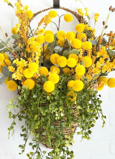 fall front door basket with greenery gold wildflowers billy buttons fi
