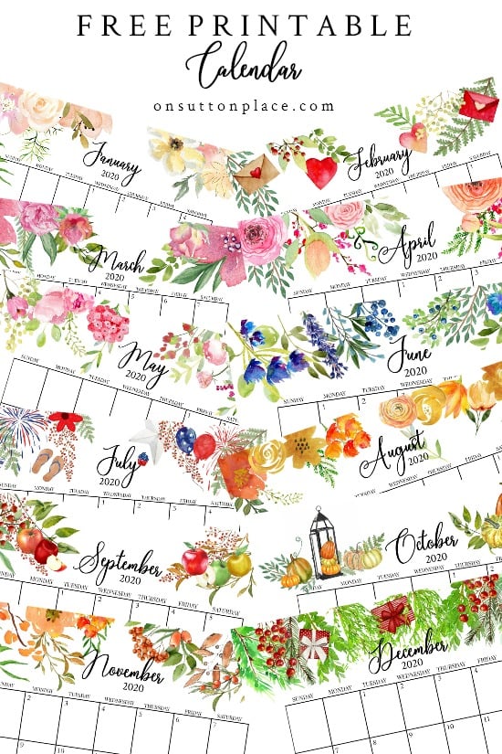 Free Floral 2020 Printable Calendar