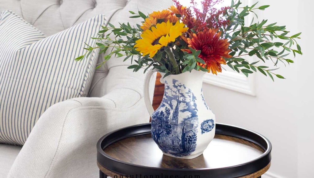 cozy fall living room fresh flowers in pitcher social image