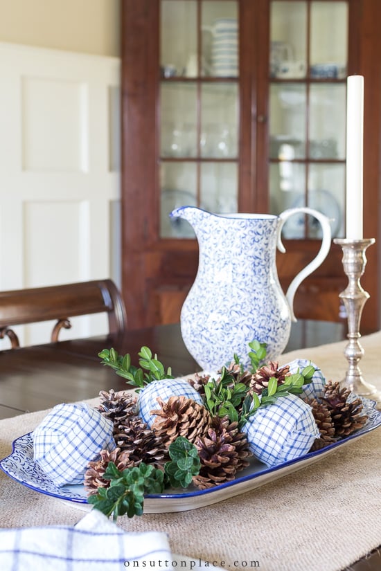 pine cones on platter centerpiece