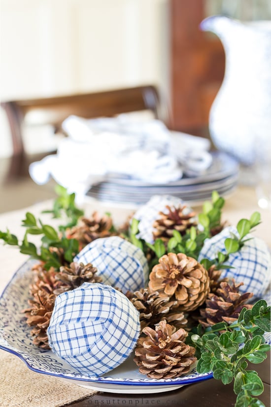 pine cones rag balls centerpiece closeup