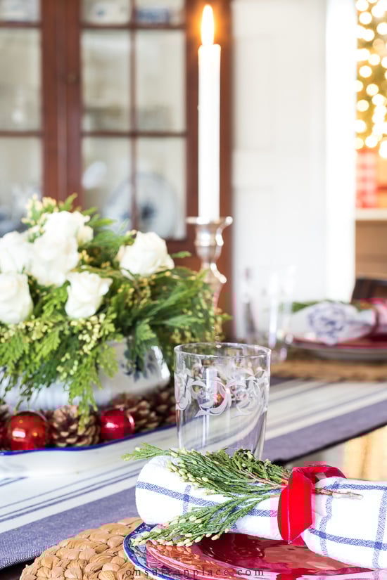 blue striped table runner red christmas tablescape
