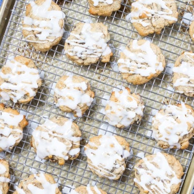 bran cookies with glaze on cooling rack