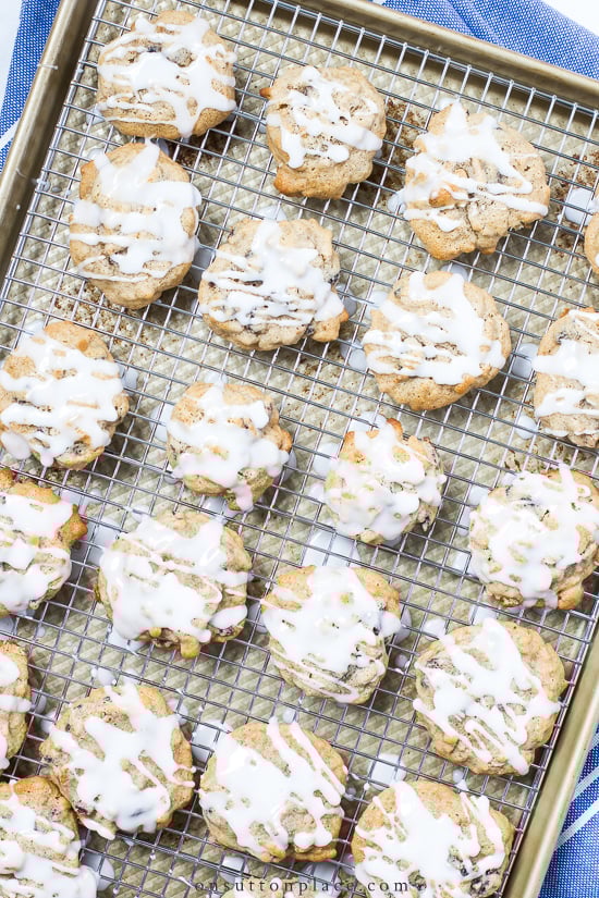 bran cookies with glaze on cooling rack