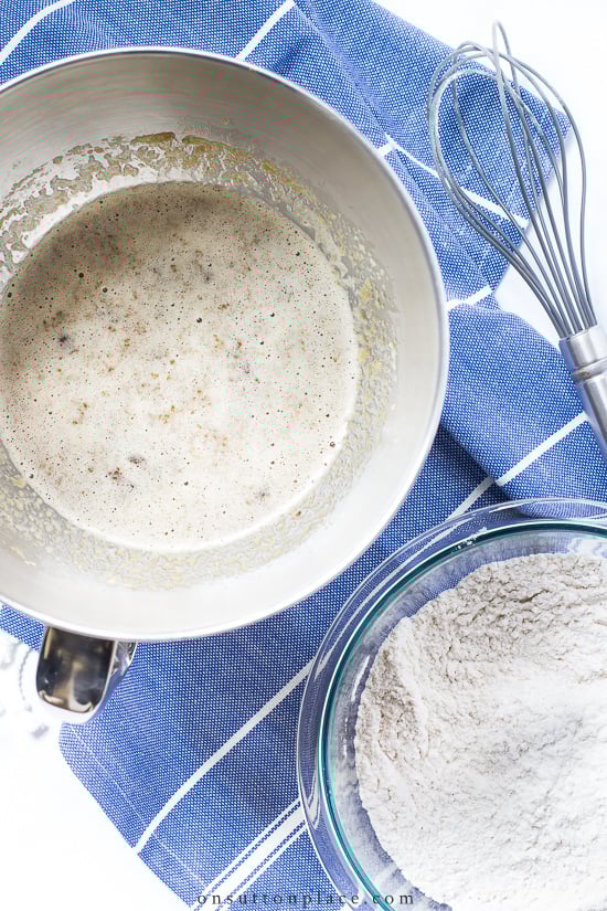 cookie batter in mixing bowl with flour