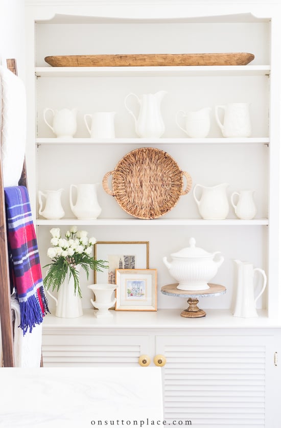 easy shelf decor with white pitchers