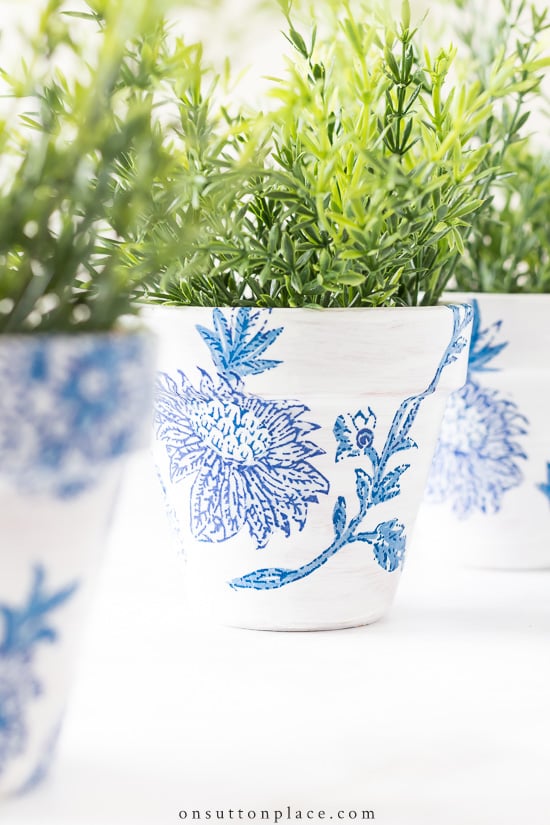 blue and white pots with greenery