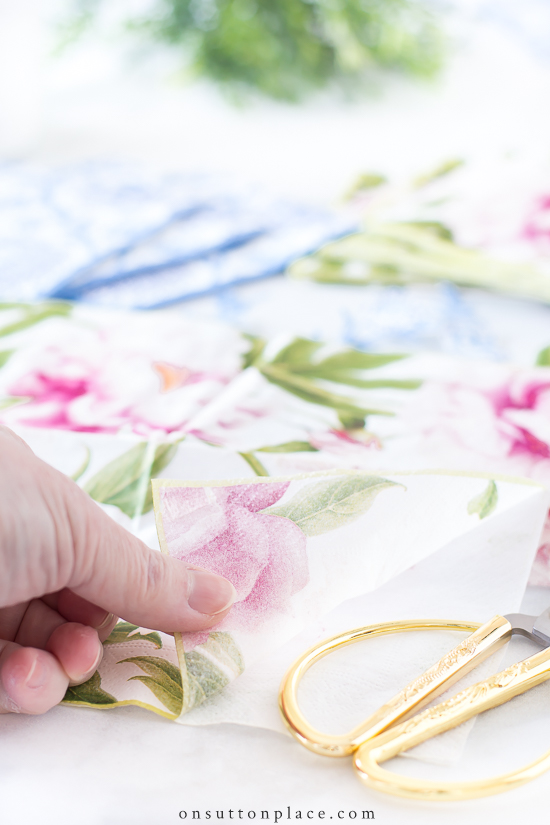 peeling layers of napkin for crafting