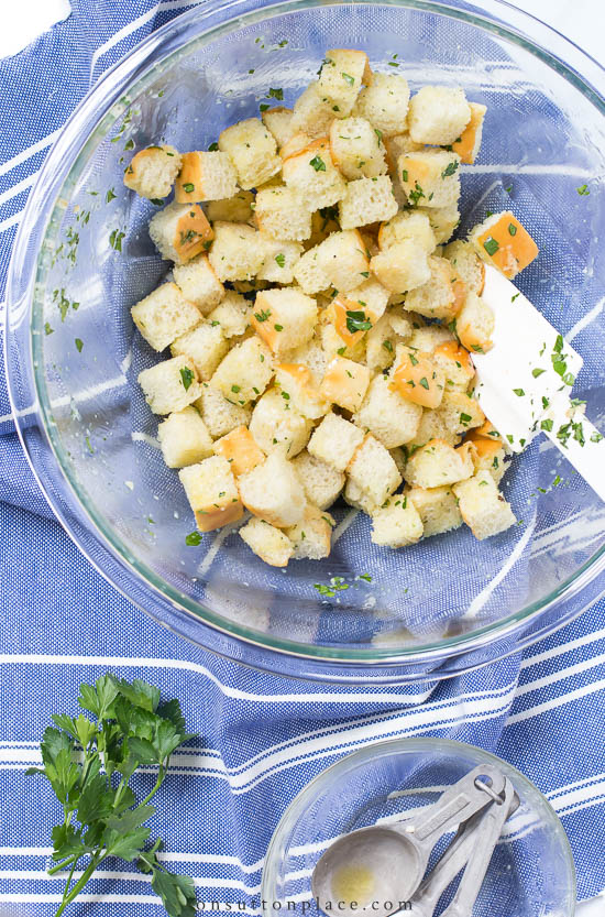 homemade croutons in pyrex bowl