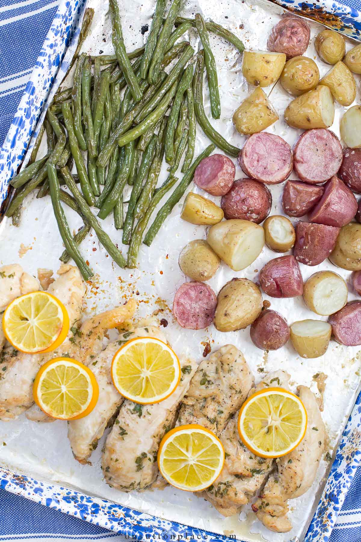 meyer lemon chicken green beans potatoes on sheet pan