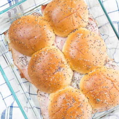 ham and swiss sliders in pyrix dish