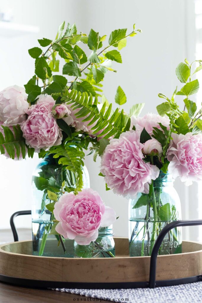 moon river peony bloom bouquets in mason jars