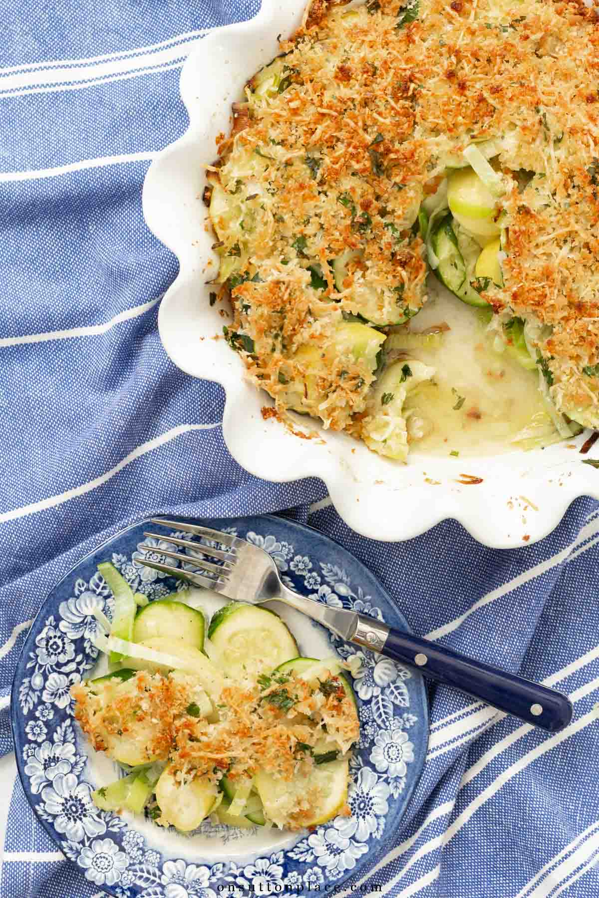 baked zucchini gratin recipe in ruffled pie dish