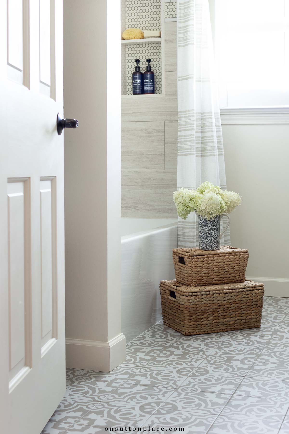 small bathroom remodel block print tile floor