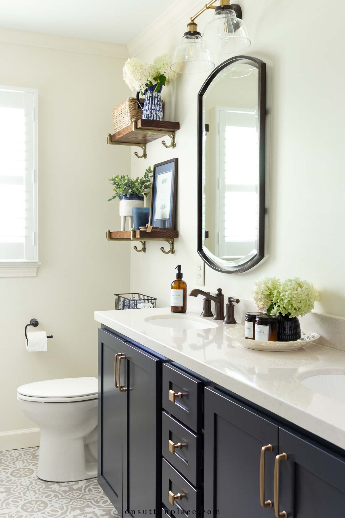 small bathroom remodel navy blue cabinets sherwin williams alabaster walls