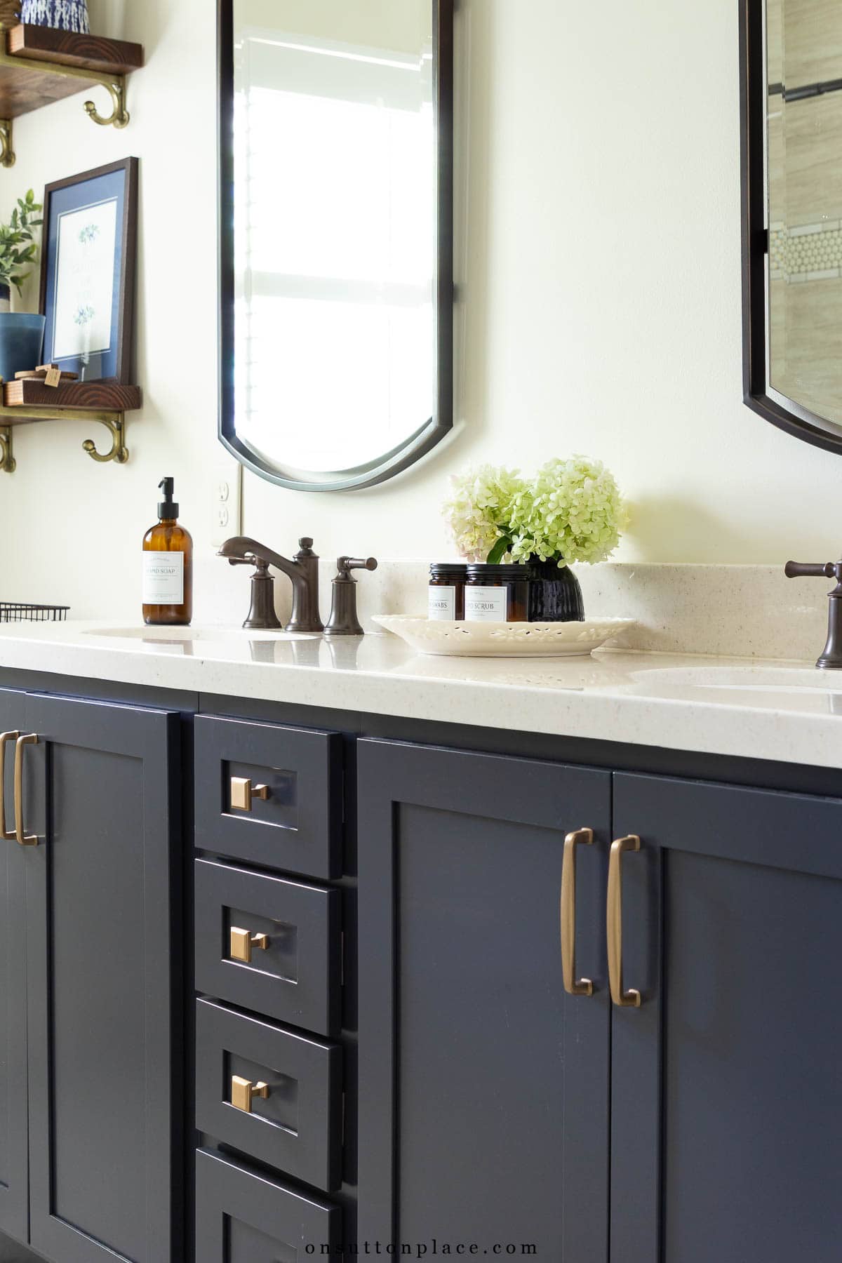 small bathroom remodel navy blue double vanity brushed gold hardware