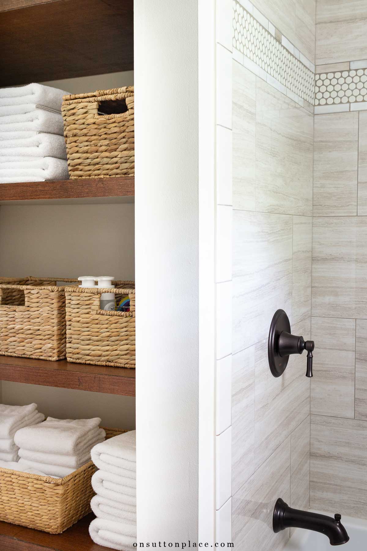small bathroom remodel open linen closet tile tub surround